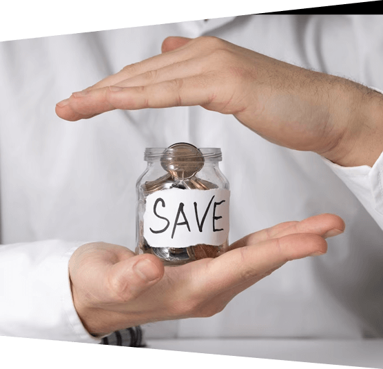 A hand holding a jar labelled 'Save', symbolizing the affordability of our services.