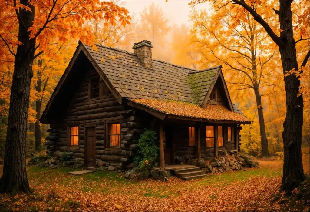 Rustic log cabin surrounded by autumn foliage, showcasing Ontario’s seasonal charm.