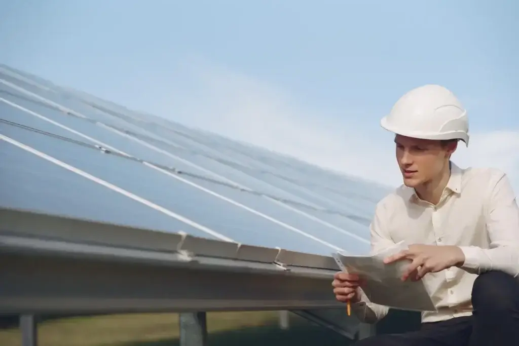 Man in a hard hat sitting on a solar panel during installation on a metal roof.
