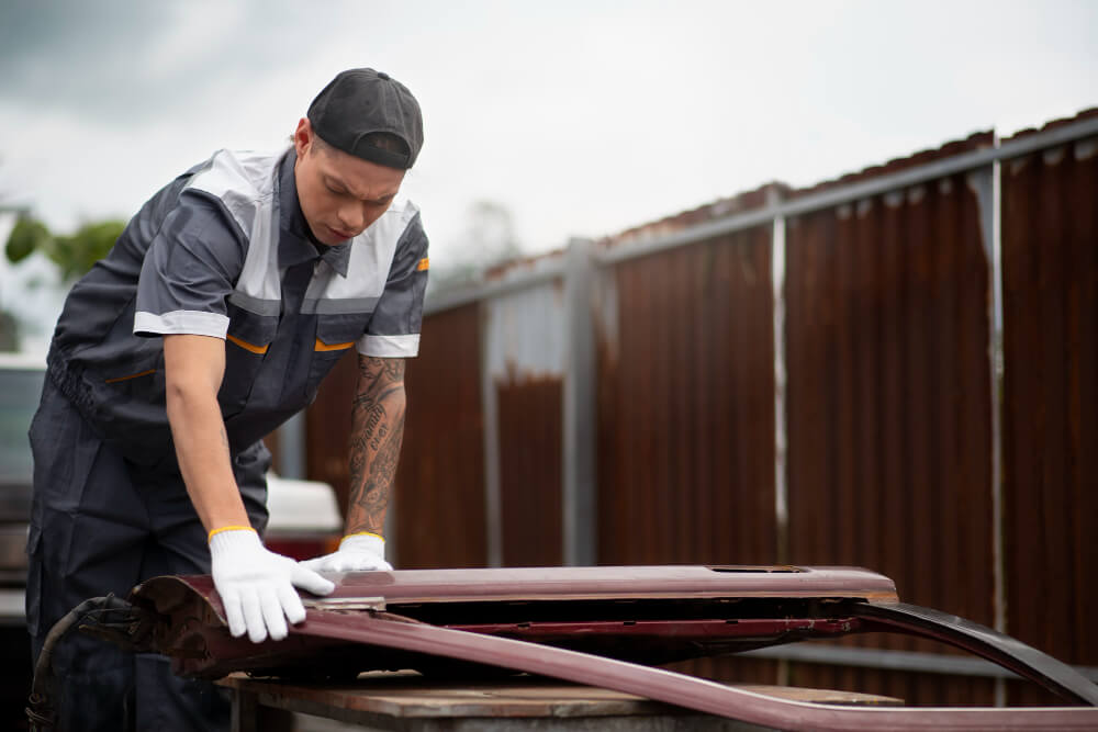 Close-up of a metal roof with exposed fasteners and sealant areas being inspected for maintenance and potential leaks.